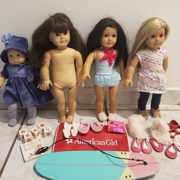 American Girl Other - 💜 3 American Girl Dolls, 1 Bitty Baby Bundle, Surf Board, Shoes, Book